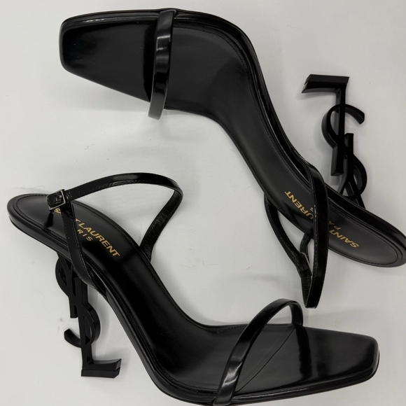 🌟New Saint Laurent Black Patent Logo-Heel Slingback Sandals - Picture 4 of 4